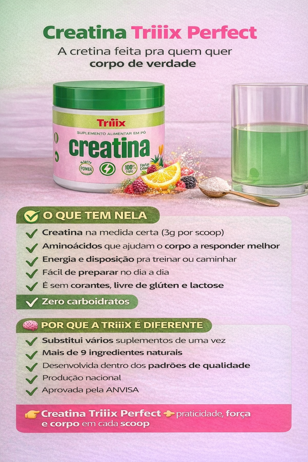 Creatina 3 em 1 da Triiix Perfect - Aminoácidos + Pré Treino + Creatina 150 Gramas